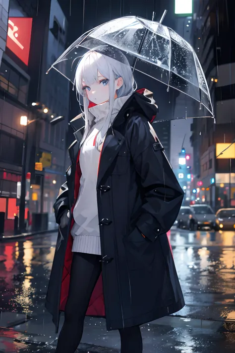 "1 girl standing in a rainy night city, wearing a coat with her hands in pockets."