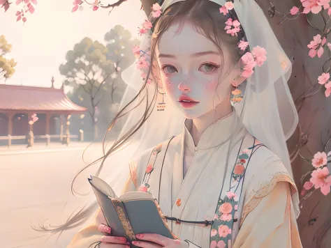 Chinese princess reading，the trees，earnestly，ssmile，Background bokeh，Beutiful women，uma linda princesa，Bust，Bust，Eyes read books...