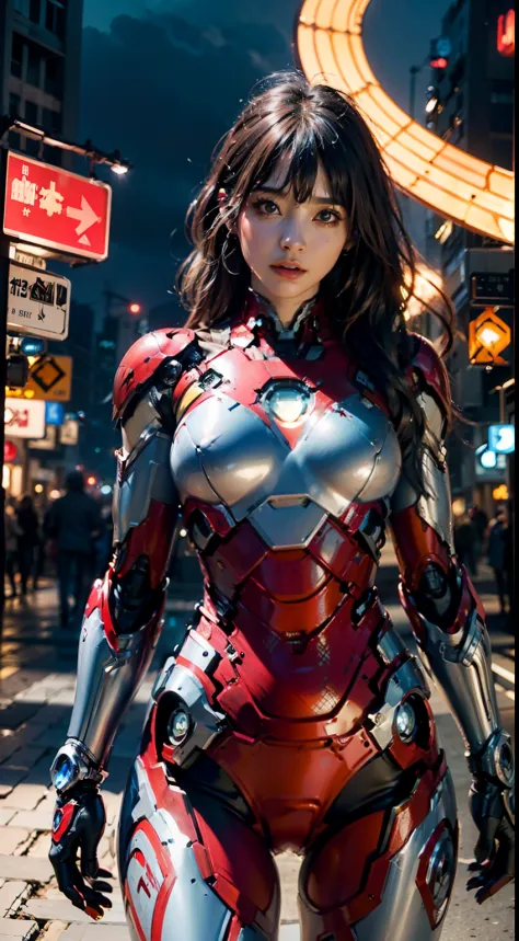 8K，realisticlying，Glamorous，The is very detailed，A 26-year-old girl, a sexy and charming woman, inspired by Iron Man，Wearing a s...