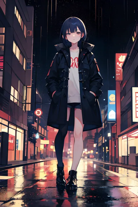 "1 girl standing in a rainy night city, wearing a coat with her hands in pockets."
