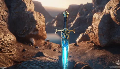 Excalibur, Exquisite handle, The sword body is delicate and exquisitely ornamented,（((The body of the sword is designed with blue opal and light green particle effect alien patterns：1.3))), Edge, (The sword body is symmetrically ornamented:1.3), (Excalibur...