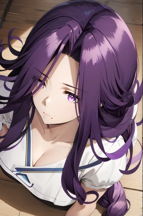 AuroraV4, 1girl, solo, looking down at viewer, purple hair, long hair,disqusted