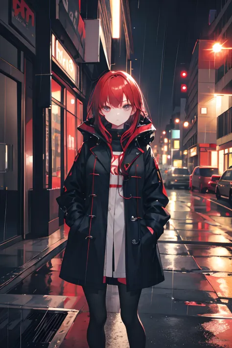 1girl,night city,rain,coat,red hair,hands in pockets