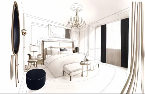 a drawing of a bedroom with a bed and a chair, sketch illustration, inside of a bedroom, sketch style, dim bedroom, in a bedroom, 1-point perspective, single point perspective, architectural sketch, 2 - point perspective, professional sketch, 3-point persp...