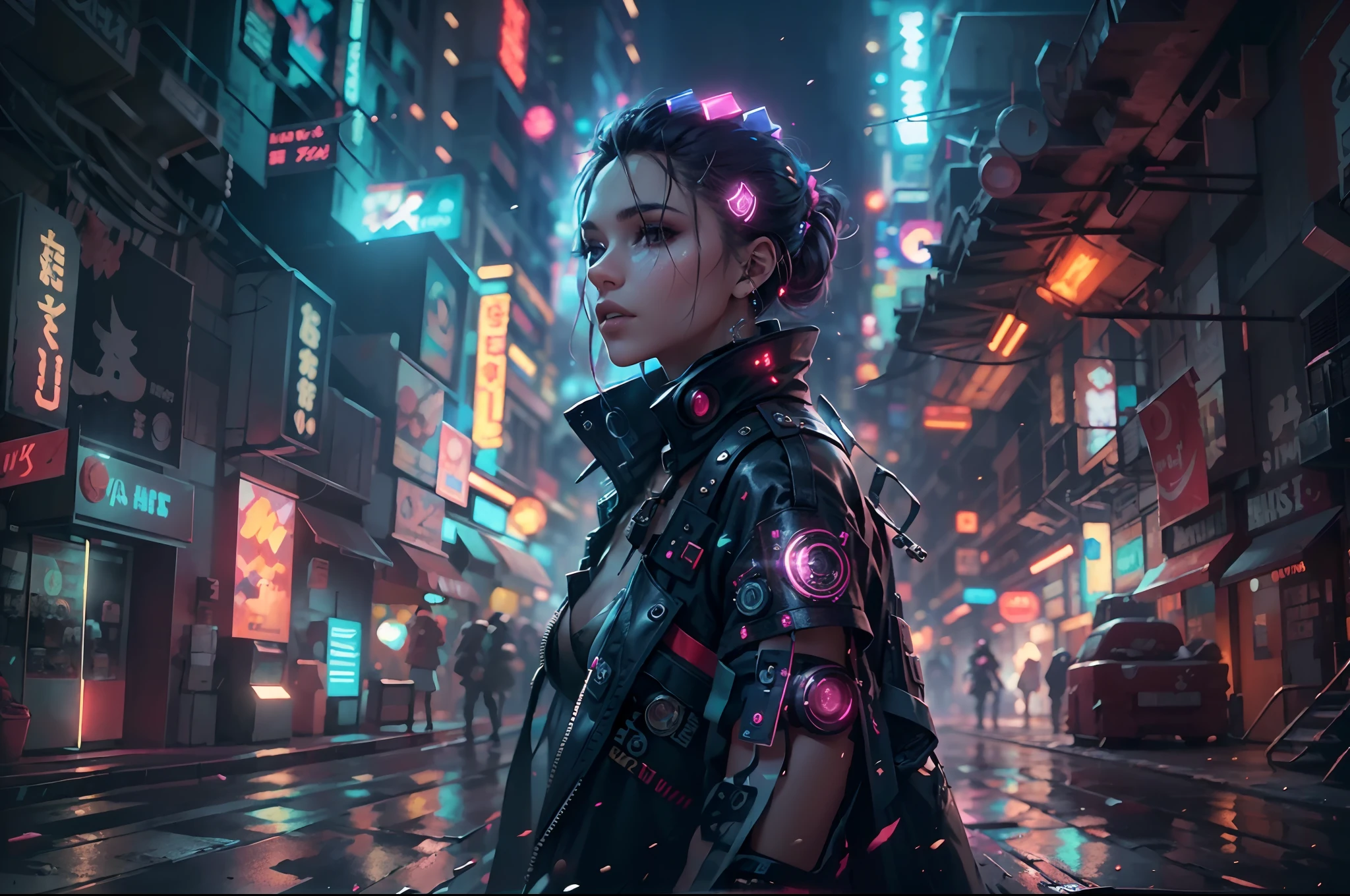 Walking through the dark and oppressive streets of a cyberpunk city, stunning beauty, a young woman full of charm and mystery, dressed in clothes perfectly suited to the futuristic setting, hair shines in vivid and irreverent tones, adorned by futuristic and technological embellishments, perfect clothes of aesthetics and functionality, mixture of sparkles and textures that capture the light in a mesmerizing way. The environment around him seems to light up and come to life, as if it had been transformed by his presence, walking with confidence and gracefulness through the streets, epic scene,