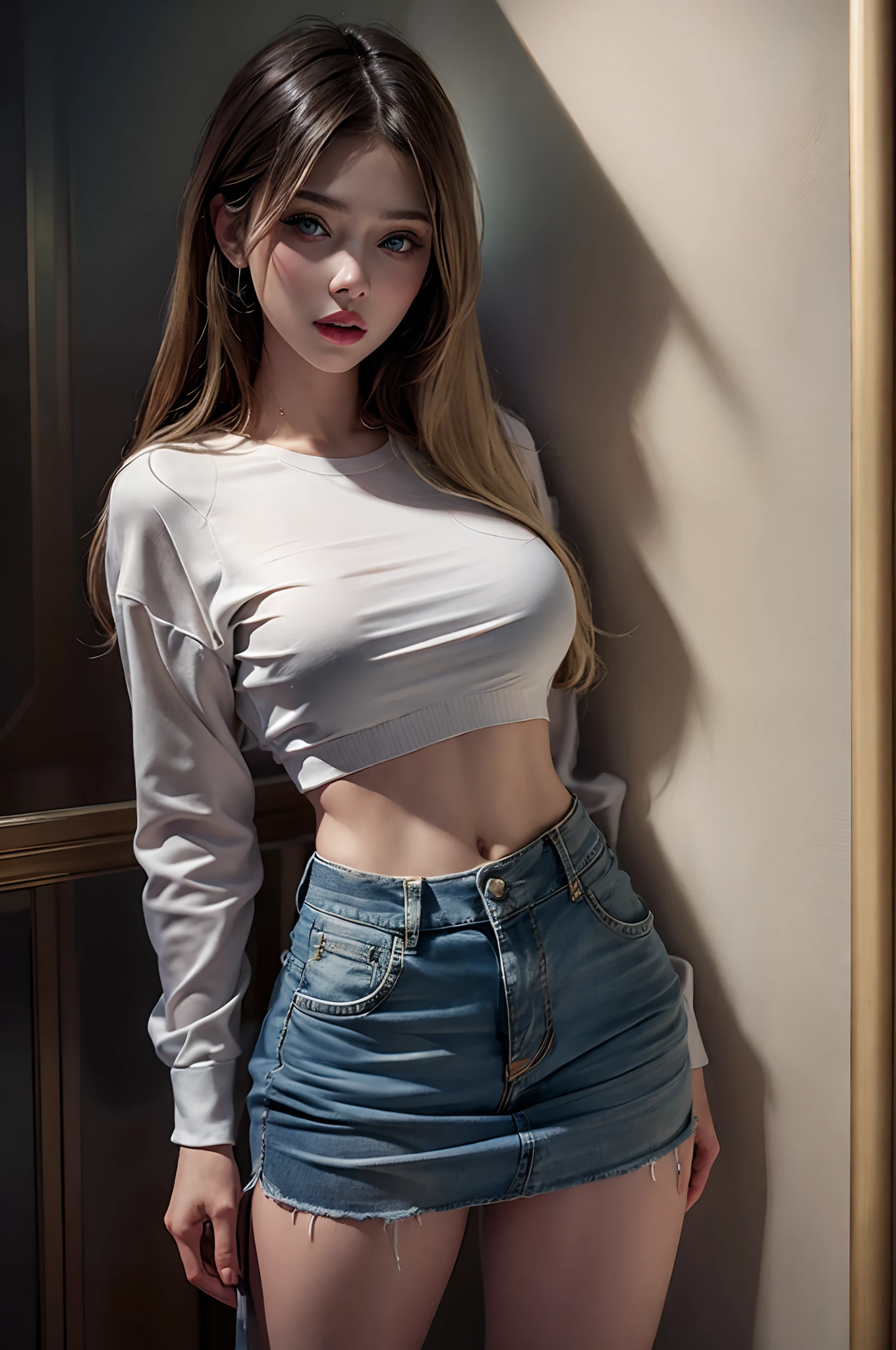 스칼렛 요한슨 posando para foto em camisa branca folgada e saia denim justa，블루 숏 스커트, 맨다리, 아름다운 다리, 맨다리, 전신비언，마른 몸，가슴이 큰, 얇은 허리, 셔츠 아래로 튀어나온 젖꼭지, 슬림 모델, 스칼렛 요한슨，24세 여성 모델，