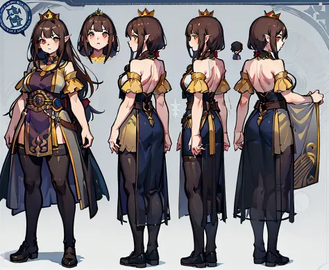 1 woman, wearing a long yellow princess dress, (Fantasy character sheet, head, back, side, rear), dwarf, corpulent, delicate face, princess crown on her head. Deep brown eyes, long brown hair. wise and resilient expression. (master part: 1.2), (best qualit...