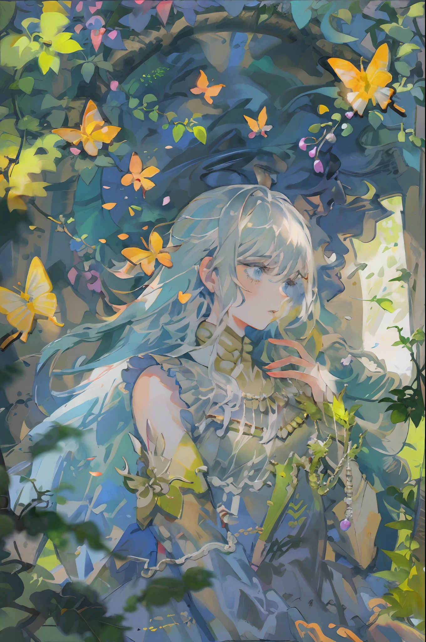 flying butterflies，Fluttering petals，pretty 1girl、15yo student、(light blue  eyes:1.15)、silber hair、Very long hair、de pele branca、a closed mouth、(flat breast:1.2)、Chiffon dress、Surrounded by blue butterflies、(hopelessness:1.3)、gotik、(dark yellow vines:1.3)、fronds、(vines:1.1)、(dawn light:1.2)、(heavy Monochrome:1.16)、(depth of fields:1.4)、softlighting，softfocus，blurry image，high lighting，Low contrast，The overall feel is like an oil painting,profile