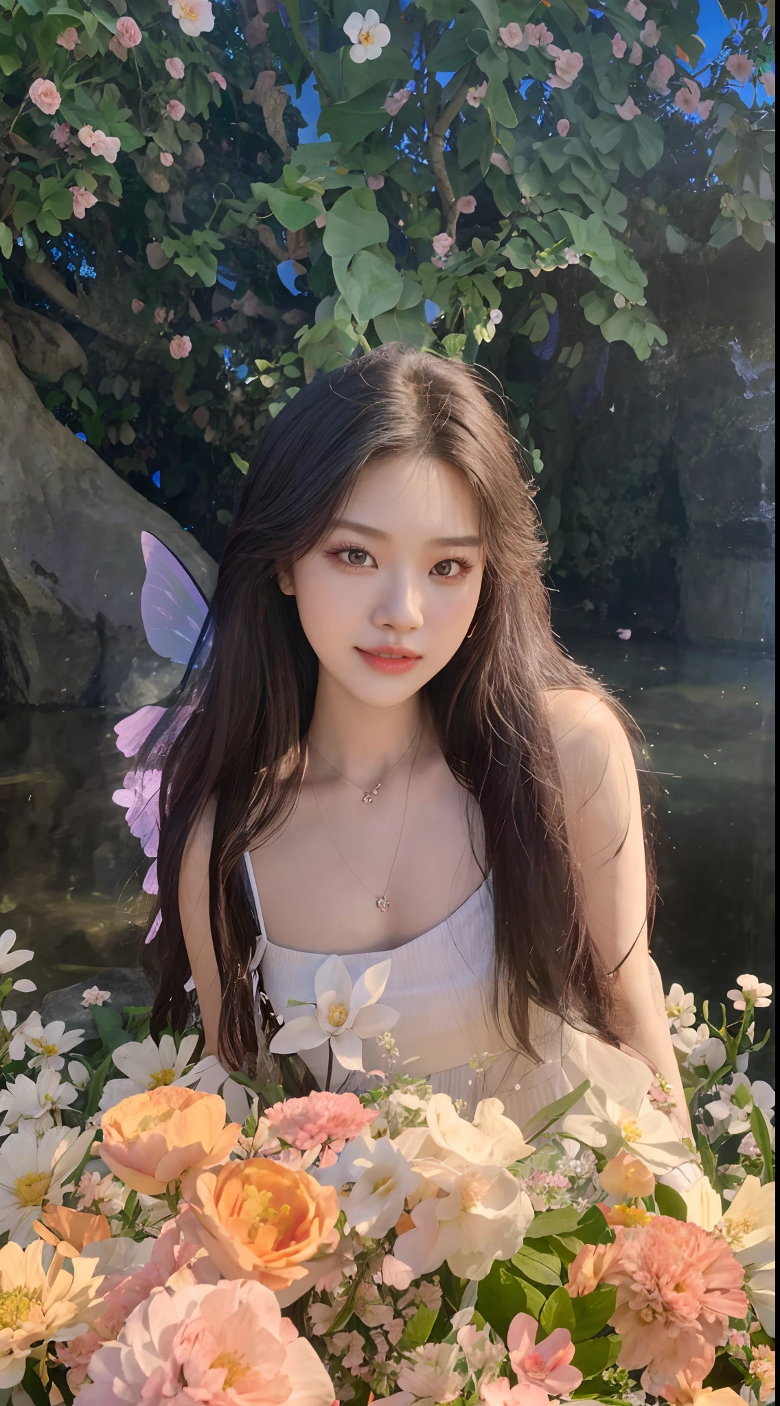 There was a woman sitting in a flower bed，The background is blue sky, Shin Jinying, Simsbo, ulzzangs, blackpink jennie, jaeyeon nam, fairy core, Kim Do-young, Album art, portrait of jossi of blackpink, sakimichan, young wan angel, headshot profile picture, 🍁 Cute, shaxi, gongbi