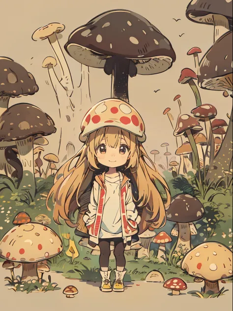 mushroom and girl, chibi, cute, big smile, dark room,  mushrooms, mushrooms + mushrooms + mushrooms + mushrooms + mushrooms, mus...