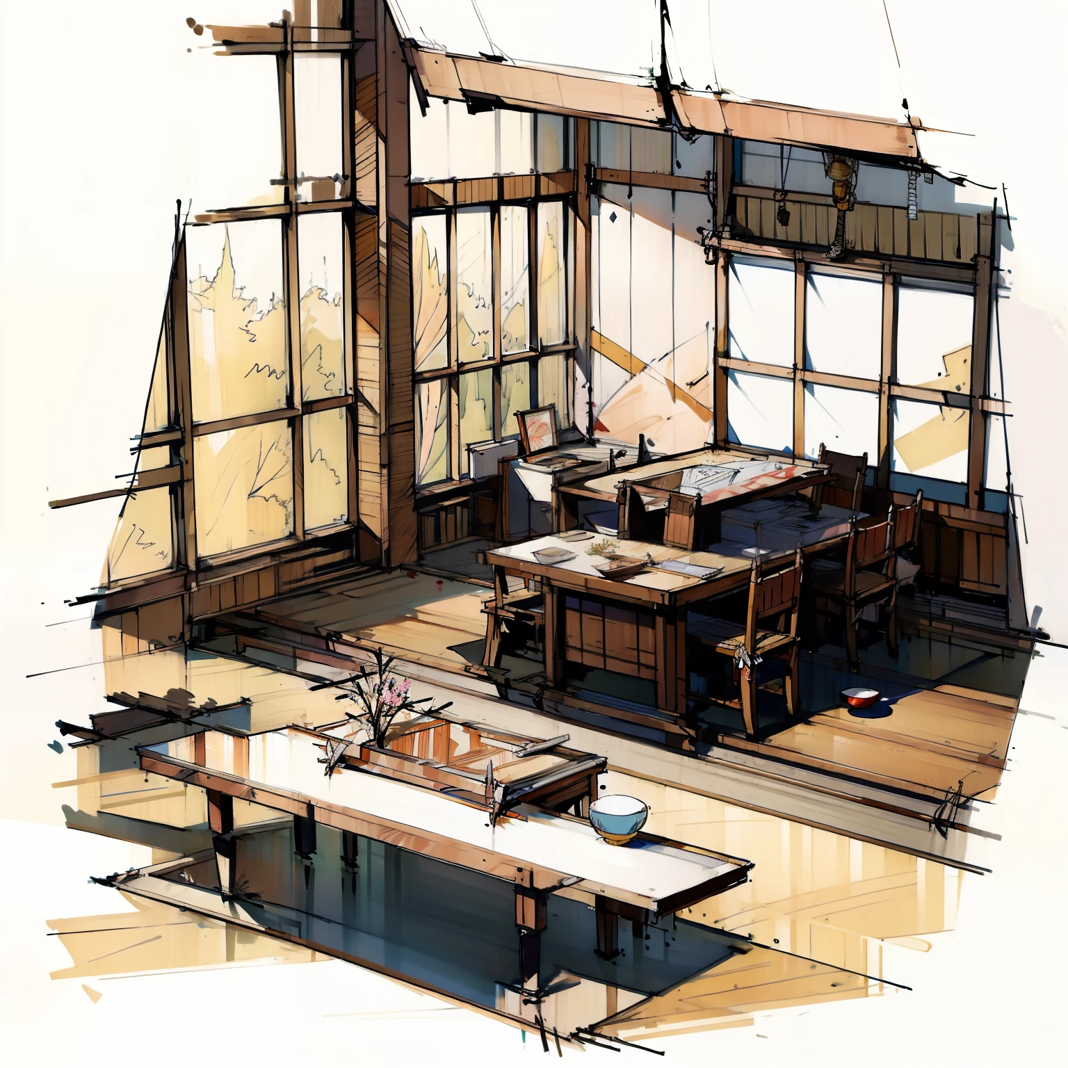 (Interior design sketch)，sketching，Script Kill Shop，（Artistically，artistic impression，high detail illustration，illustratio，A detailed illustration），Interior design，japanese-inspired，Japanese-style murals，Japanese jewelry，Wall paintings，Large long table，stores，White fabric PRB texture，wooden floor PRB texture，(Cramped rooms，Closed room)