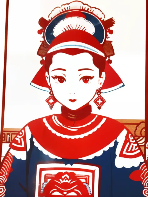 a charming national style girl，wearing earrings, prompt b: red and blue national costumes，ethno-style headdress, prompt c: arte ...