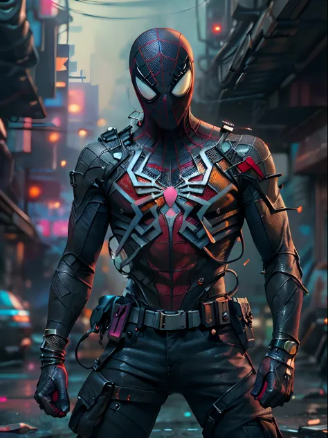 Spiderman as a zombie,(top-quality、8K、32K、​masterpiece、nffsw:1.3)、(The ultra -The high-definition)、(Photorealsitic:1.4)、Raw photography,Perfect eyes,Charming perfect figure,actionpose:1.2,Detailed cyberpunk fashion、World of Cyberpunk,depth of fields,blurry backround,、