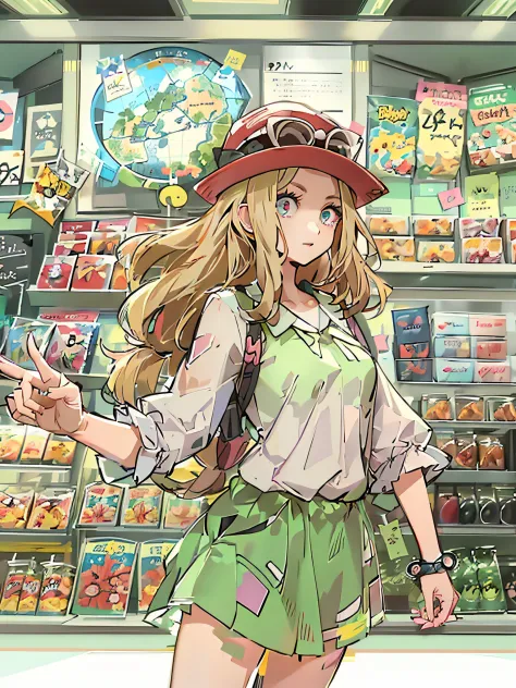Estilo anime, um plano de fundo com um quadro branco para escrever, Serena is pointing her finger at the store, extremamente lin...