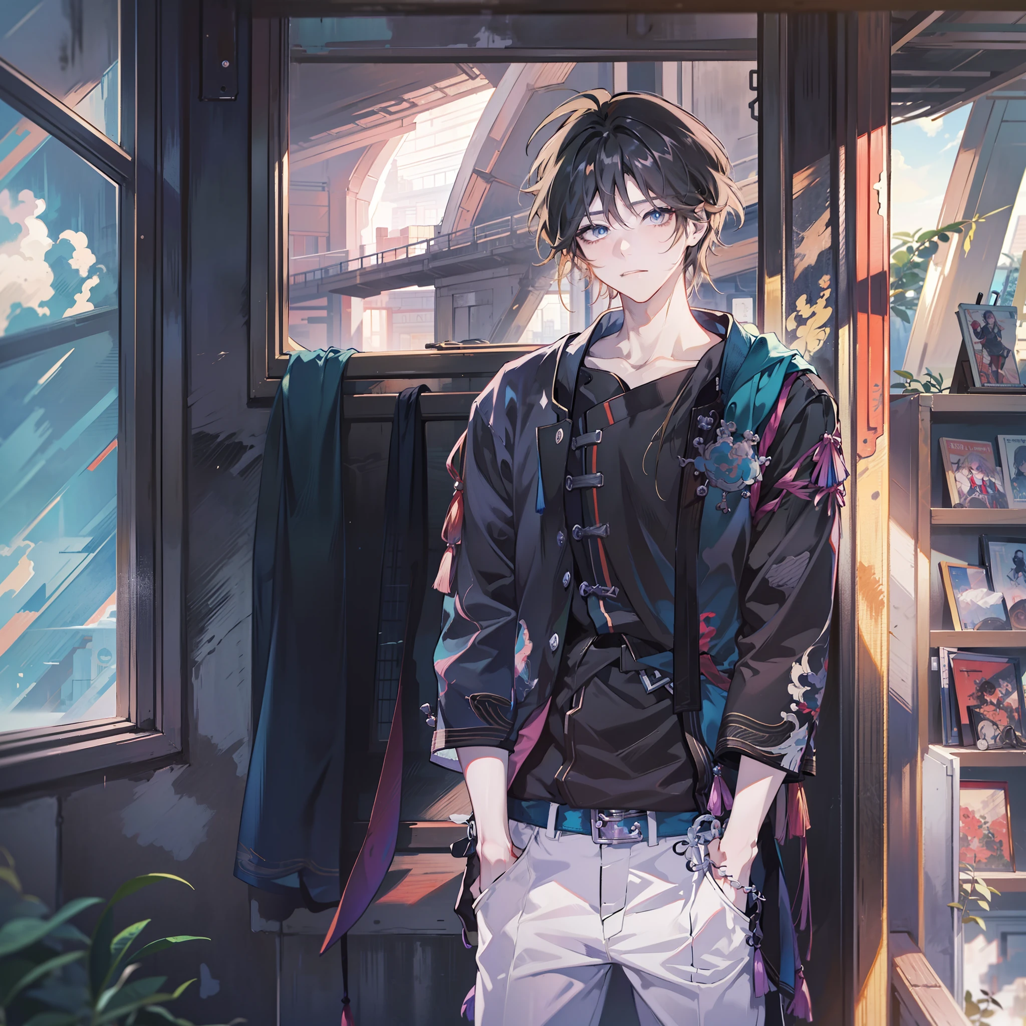 Anime Junge standing in front of window in black shirt, junger Anime-Mann, Anime schöner Mann, Anime-Porträt eines gutaussehenden Mannes, Großer Anime-Typ mit blauen Augen, hübsche Anime-Pose, männlicher Anime-Stil, Anime Junge, Stil von Anime4 K, Hochwertiger Anime-Kunststil, Anime-Moe-Kunststil, Inspiriert von Bian Shoumin, Porträt im Anime-Stil, im Anime-Stil