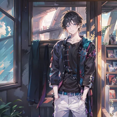 Anime boy standing in front of window in black shirt, young anime man, Anime handsome man, Anime portrait of a handsome man, Tal...