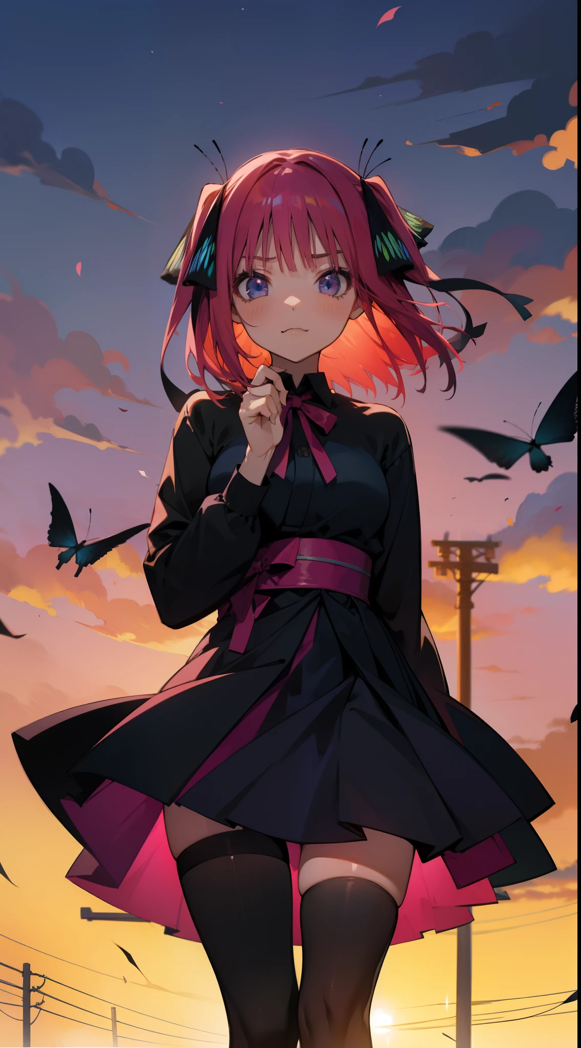 anime girl, looks at viewer, tokyo, pink hair, two black and blue butterfly bows, black tights, gothic dress, short hair, anime Japan, sunset, closed mouth, tsunderee, tights, gothic