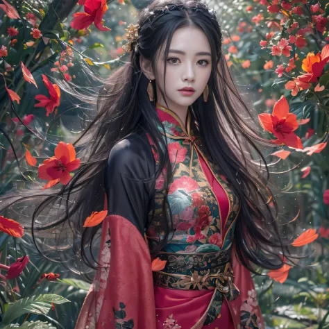 32K（tmasterpiece，k hd，hyper HD，32K）Long flowing black hair，ponds，zydink， a color，  Xuzhou people （Seduce girls）， （Red scarf of t...