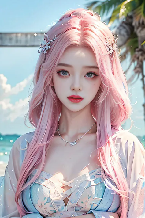 （tmasterpiece、best qualtiy、A high resolution），white backgrounid，Acrylic paints，（（splash of color，Splash ink、Color splattering）），Sweet Chinese girl，light blue long hair，[light blues|Pink big breasts]the hair，curlies，glitters，Pink lips，White color blouse，fas...