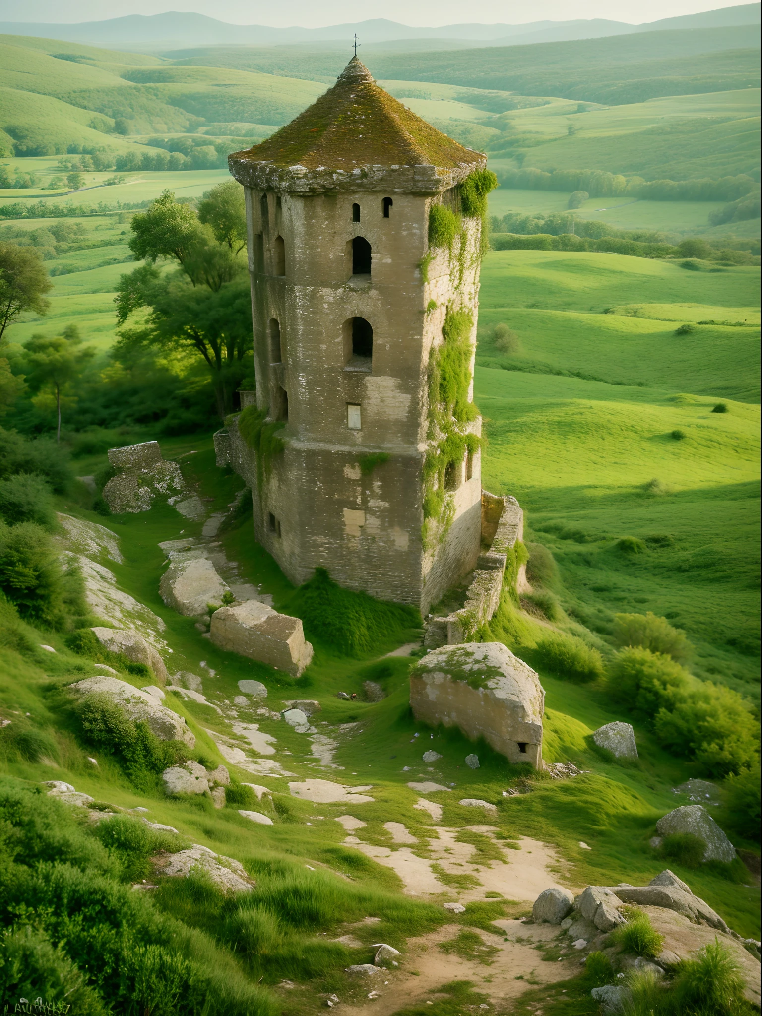 Torre medieval abandonada, On a rocky mountain in the middle of the Spanish meadow, estilo de Ferdinand Knab