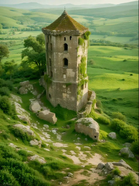 torre medieval abandonada, on a rocky mountain in the middle of the spanish meadow, estilo de ferdinand knab