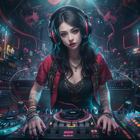 Upper body,  Female DJ, Vampires,比基尼， Quirky, Vibrant appearance,  Playful accessories, Creative behavior, Rambled, Sensual, Spo...