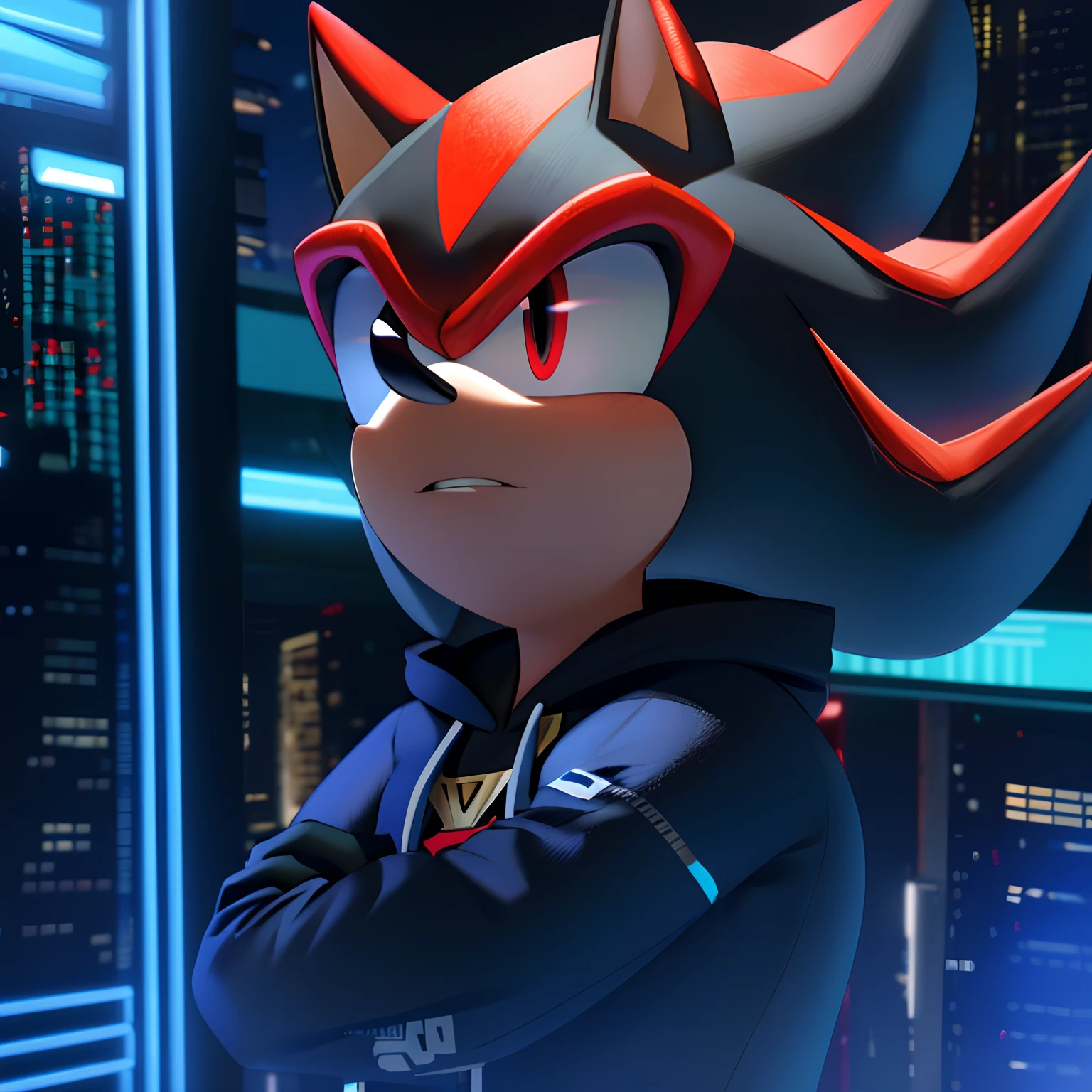 Shadow the Hedgehog con una sudadera con capucha, en la entrada de un club nocturno, en la ciudad, por la noche, 8K