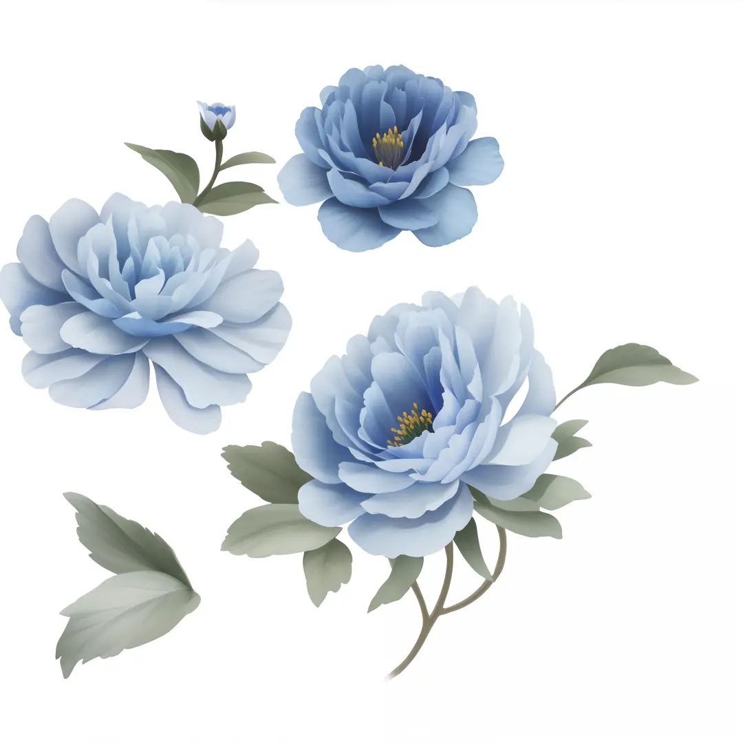There are three blue flowers on a white background, flores azuis, acentos de flores azuis, Estilo de pintura chinesa, Estilo de ...