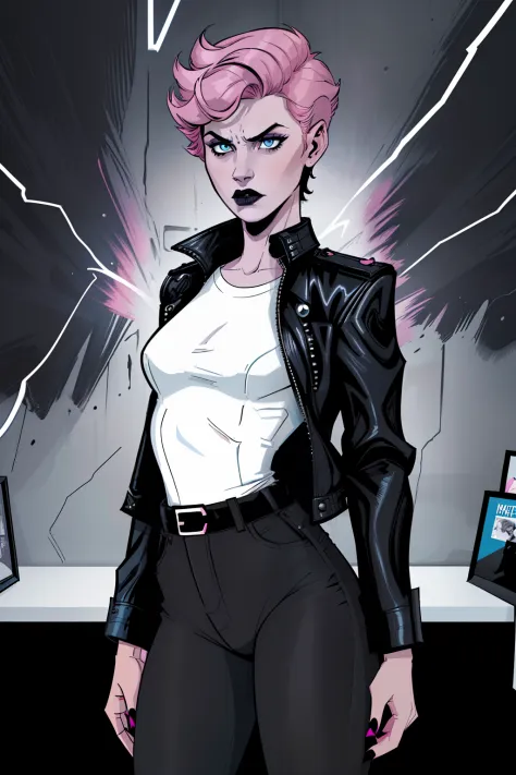 woman, standing, inside a dark room, dark wall in background, pale blue eyes, detailed short pink hair Short Side Comb haircut, angry expression, black lipstick, small tits, wearing a leather jacket, black pants, shirt, white shirt, comic book style, flat ...