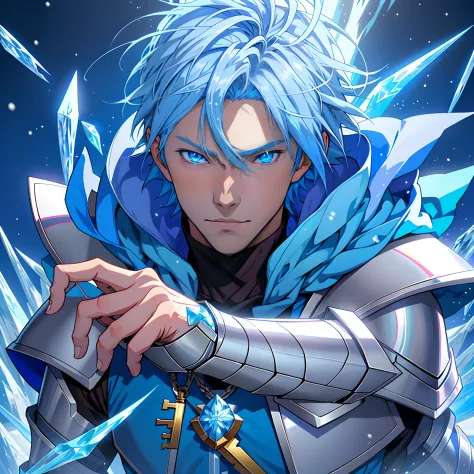 Anime characters with blue hair and blue eyes in snowy scenes, Ice Mage,  Tall anime guy with blue eyes, freezing blue skin, Key...