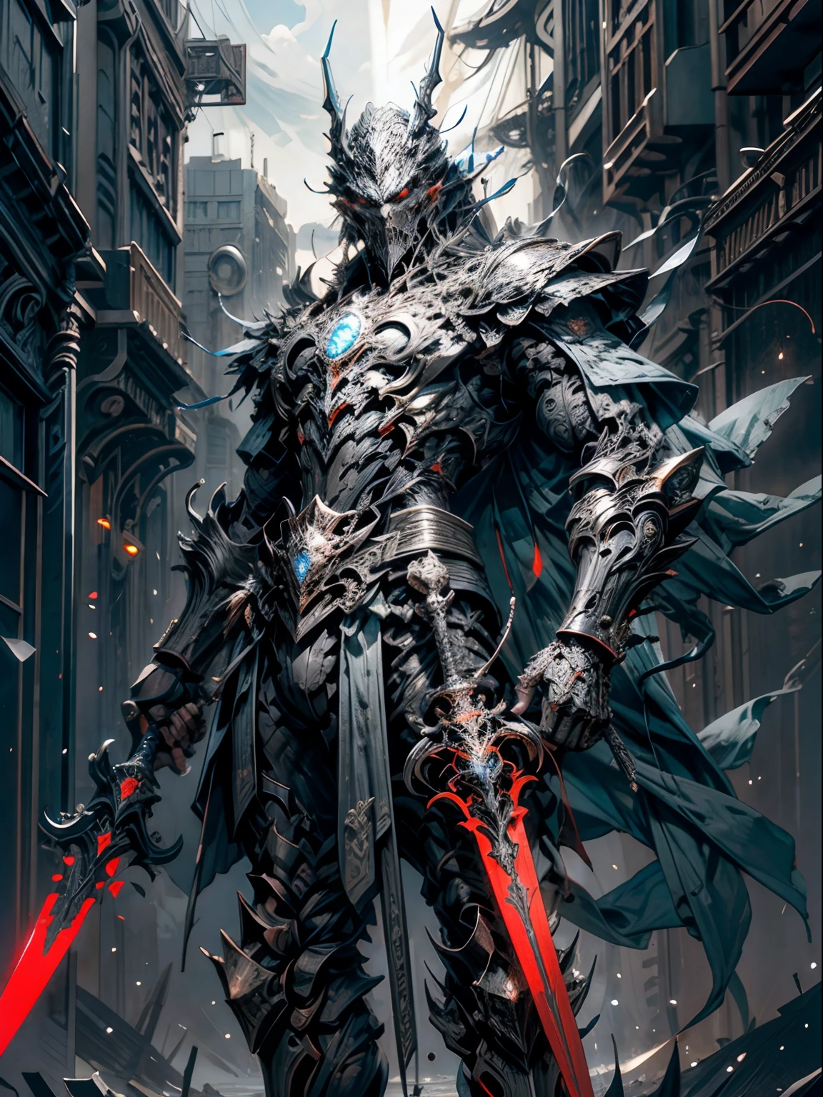 "Photo brute avec une ambiance Dark Fantasy et Cyberpunk, featuring a powerful blend of a Big Revolver and a sword wielded by a red man with a 1.1x accent, Create a striking contrast. The composition represents a mechanical marvel with a robotic presence, evoking the essence of a Cybernetic Guardian."