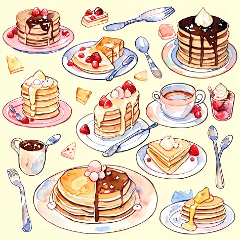 Pastel Colors: 1.5), (Cute Illustrations: 1.5), (Watercolor: 1.2), Yellow Background, Girl, Full Body, Smiling, Aloof, Pale Yellow, Moya, Marble, Colorful, Crepes, Sweets, Dessert, Pancakes, Plush Toy, Fancy, Fork, Spoon, Tea
