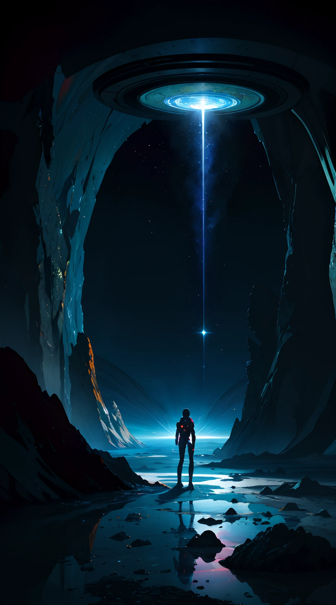 (masterpiece), (best quality), (stunning digital art), science fiction scene, curious alien creature, exploring the depths of space, set in an alternate universe, standing on the surface of an exotic planet, near a mysterious dark hole, otherworldly landscape, vivid colors, intricate details, mesmerizing celestial phenomena, captivating lighting, evoking a sense of wonder and adventure