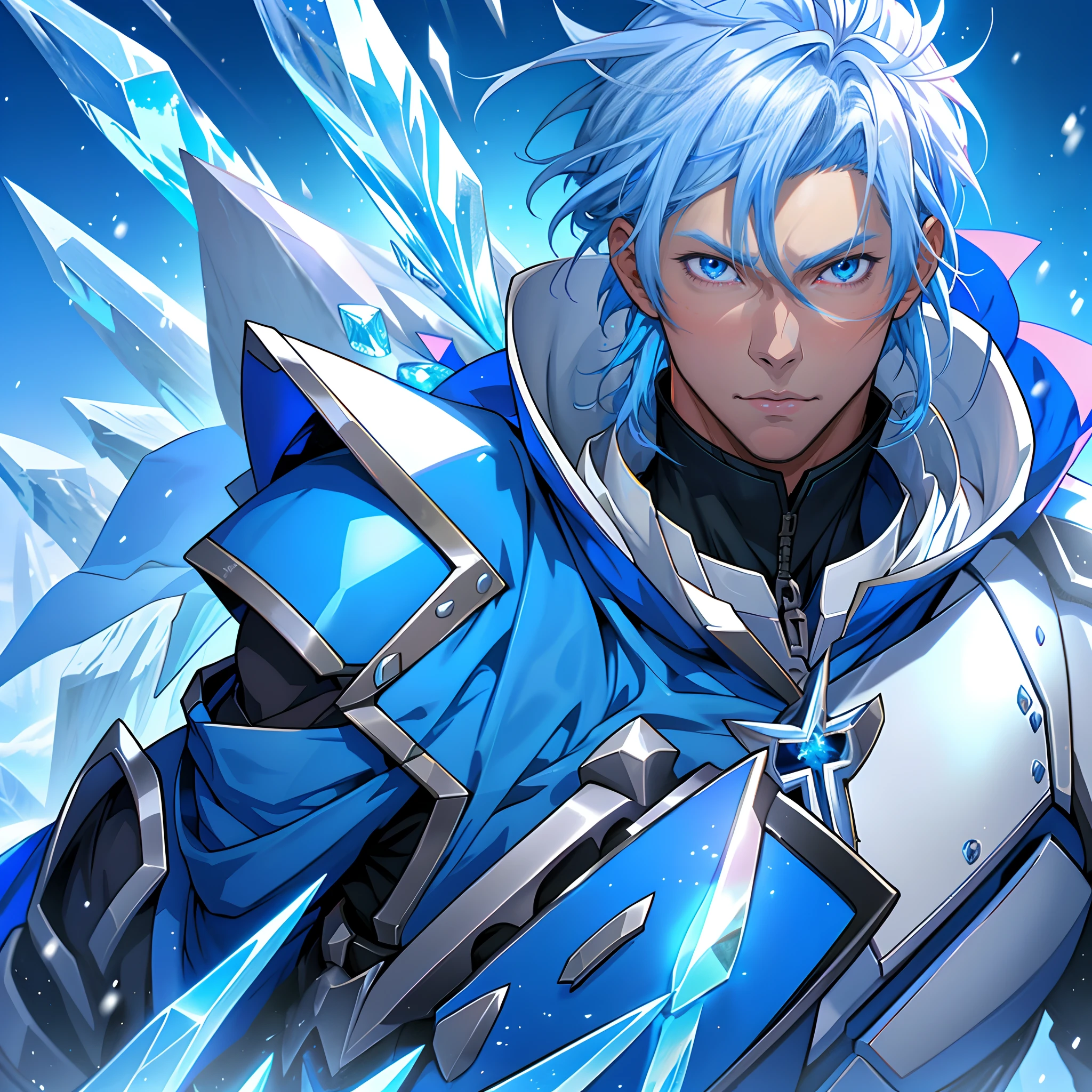 Anime characters with blue hair and blue eyes in snowy scenes, Ice Mage,  Tall anime guy with blue eyes, freezing blue skin, Key anime art, Kazuto Okada。, male anime character, Ice crystal armor, Detailed key anime art, full portrait of magical knight, blue and ice silver color armor, with ice powers