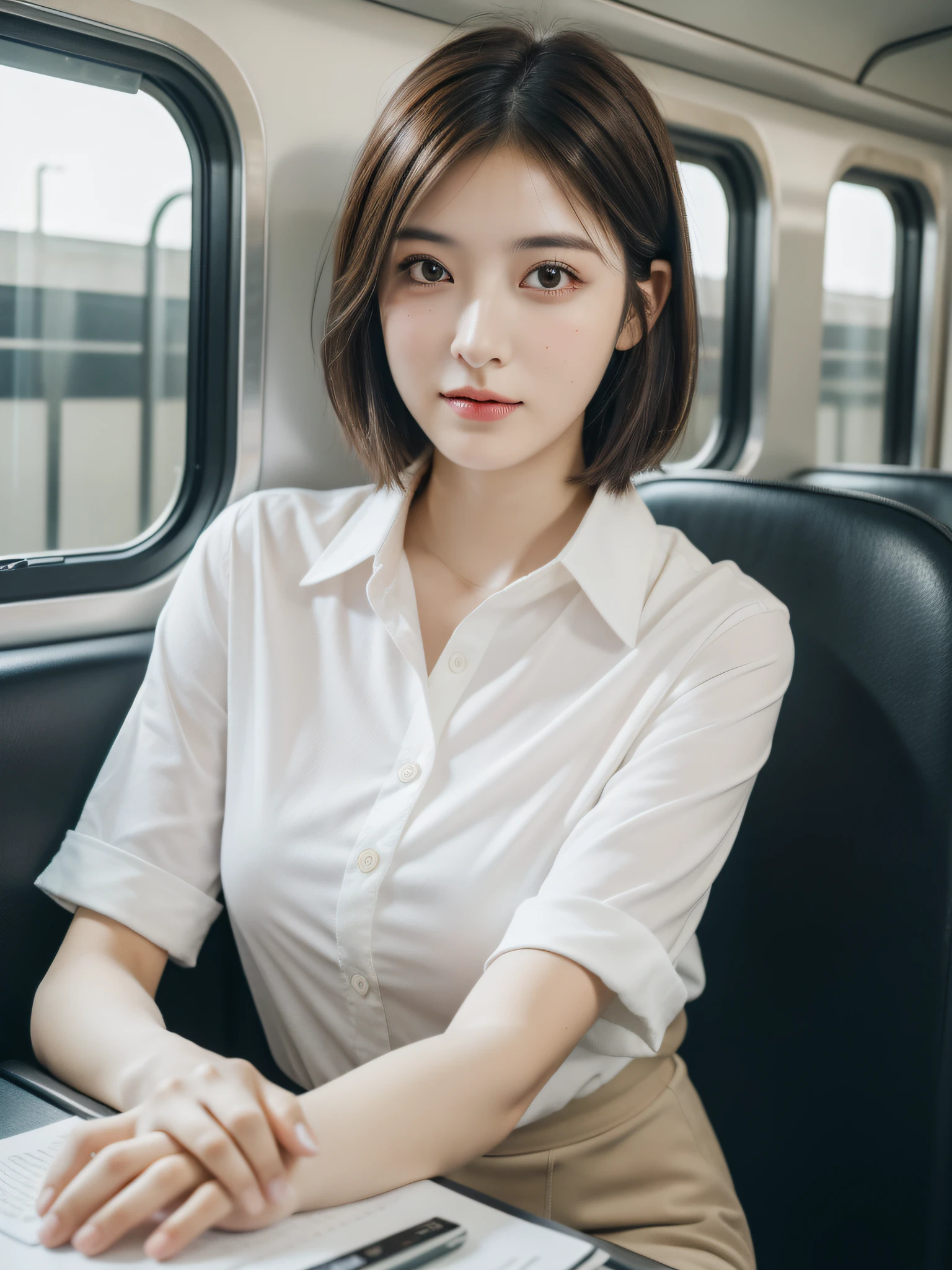((Best quality, 8k, Masterpiece: 1.3, raw photo)), Sharp focus: 1.2, (1 AESPA girl: 1.1), (realistic, photo-realistic:1.37), face focus, cute face, small breasts, flat chested, brunette short messy hair, kindness, sitting in a train seat, white shirt, business skirt, sunlight, cinematic lighting