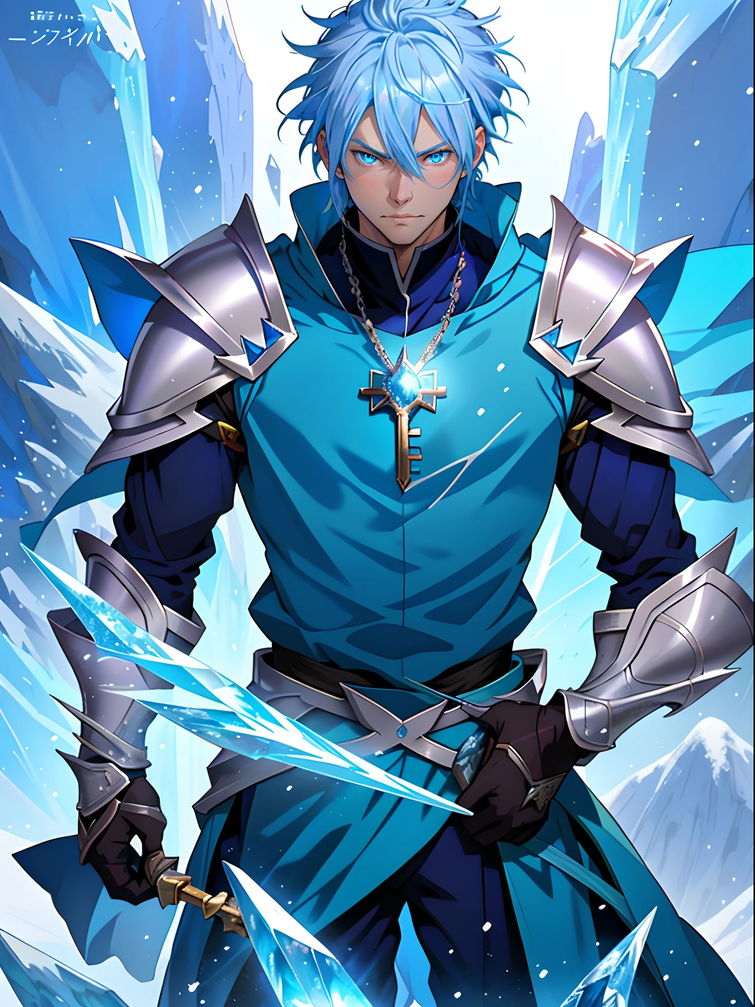 Personnages d&#39;anime aux cheveux bleus et aux yeux bleus dans des scènes enneigées, mage de glace,  grand gars d&#39;anime aux yeux bleus, peau bleue glaciale, Art clé de l&#39;anime, Kazuto Okada。, personnage masculin d&#39;anime, Armure de cristal de glace, art d&#39;anime clé détaillé, portrait complet du chevalier magique, armure de couleur bleu et argent glacé, avec des pouvoirs de glace