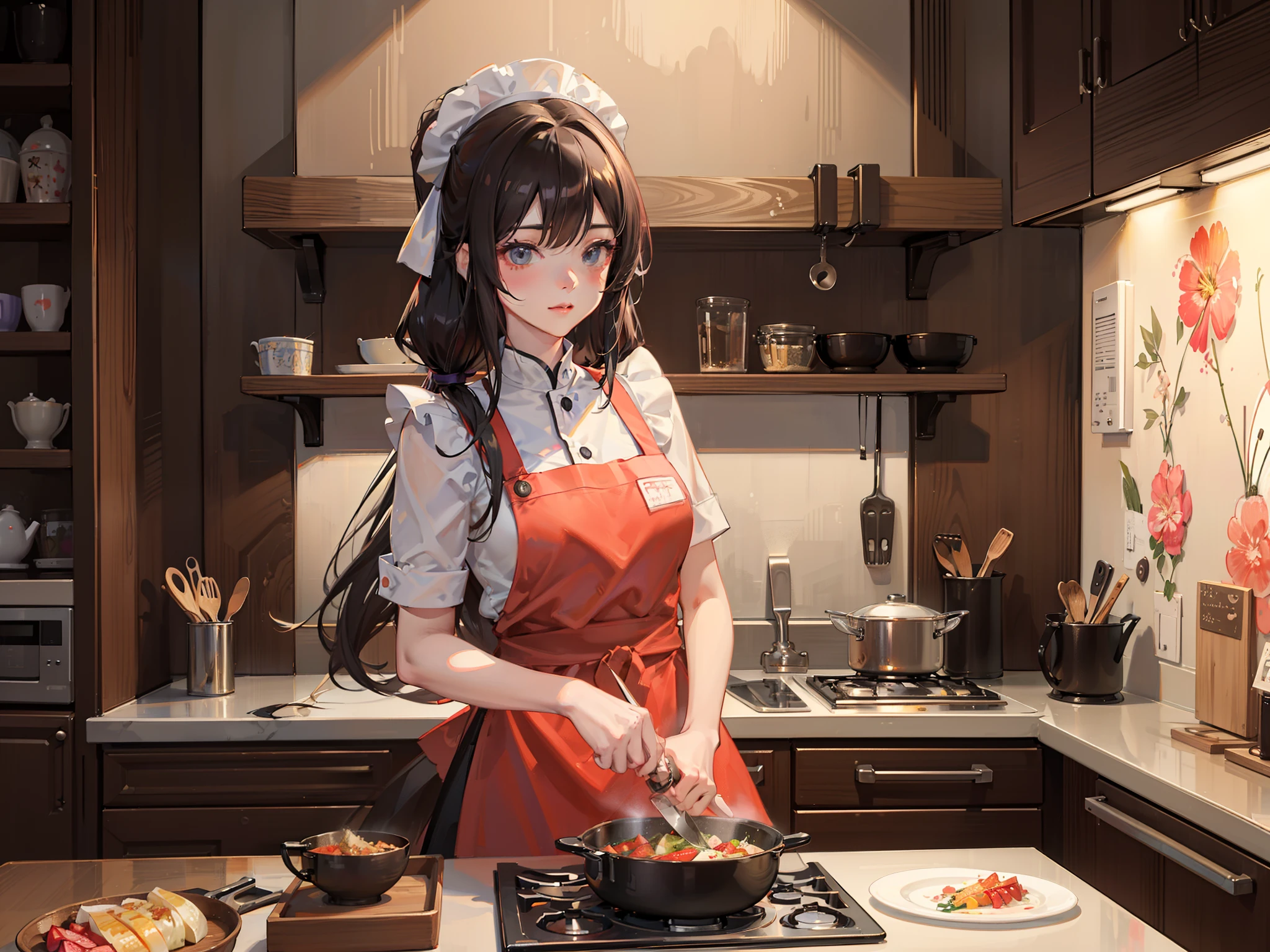 Anime girl in an apron cooking food in a kitchen - SeaArt AI