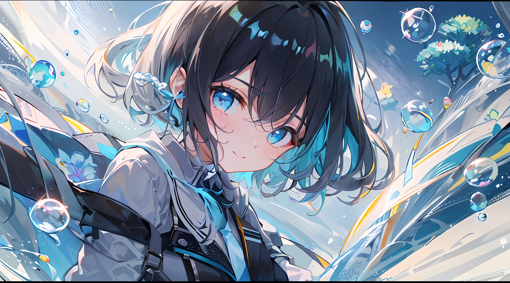 ((top-quality)), ((​masterpiece)), ((Ultra-detail)), (extremely delicate and beautiful), girl with, solo, cold attitude,((Black jacket)),She is very(relax)with  the(Settled down)Looks,A darK-haired, depth of fields,evil smile,Bubble, under the water, Air bubble,bright light blue eyes,Inner color with black hair and light blue tips,Cold background,Bob Hair - Linear Art, shortpants、knee high socks、White uniform like 、Light blue ribbon ties、Clothes are sheer、Hands in pockets