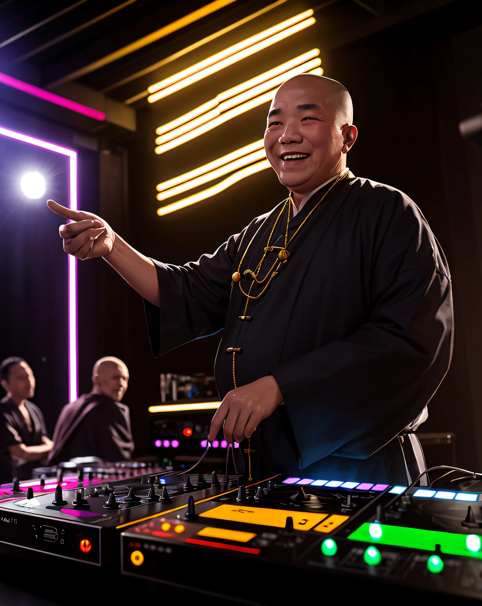 Illustration of a Tibetan elder fat monk playing a DJ.
the monk has skin head and fat body, old man, 
A scene in which a monk in a black monk's robe with a shaved head is operating a DJ player in front of the DJ booth. age of 55, 
In the background, the neon lights of a night club shine.
The monk has a smile on his face, and he seems to be enjoying himself as a DJ.
The people around me are dancing to the monk's DJ.