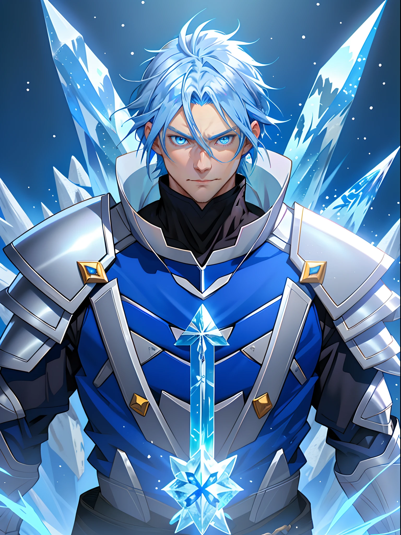 Anime characters with blue hair and blue eyes in snowy scenes, Ice Mage,  Tall anime guy with blue eyes, freezing blue skin, Key anime art, Kazuto Okada。, male anime character, Ice crystal armor, Detailed key anime art, full portrait of magical knight, blue and ice silver color armor, with ice powers