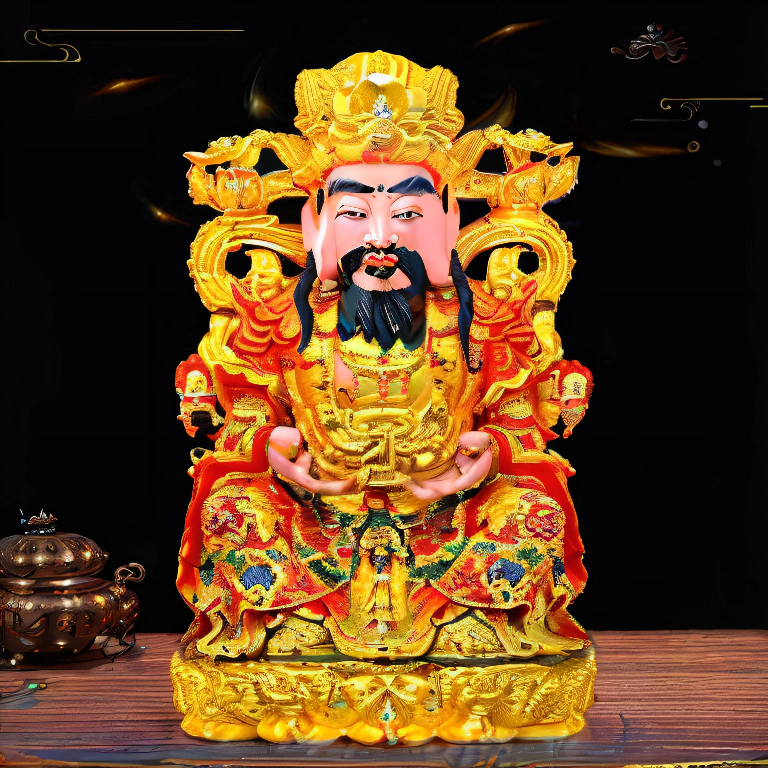 Close-up of a statue of a man holding a bowl, God of Wealth, the god emperor of mankind, shui mo hua, asuras giant yaksha statues, attractive male deity, Guan yu, inspired by Park Hua, god emperor, Taoist, resin statue, Inspired by Hu Zaobin, puṣkaracūḍa