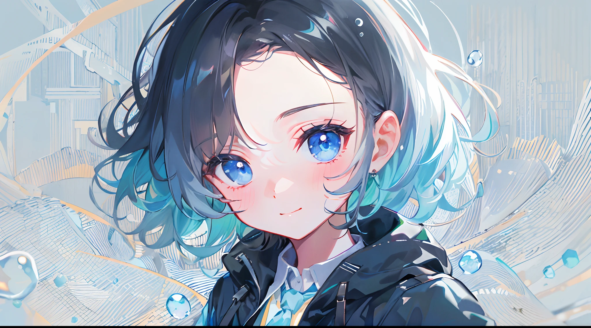 ((top-quality)), ((​masterpiece)), ((Ultra-detail)), (extremely delicate and beautiful), girl with, solo, cold attitude,((Black jacket)),She is very(relax)with  the(Settled down)Looks,A darK-haired, depth of fields,evil smile,Bubble, under the water, Air bubble,bright light blue eyes,Inner color with black hair and light blue tips,Cold background,Bob Hair - Linear Art, shortpants、knee high socks、White uniform like 、Light blue ribbon ties、Clothes are sheer、Hands in pockets