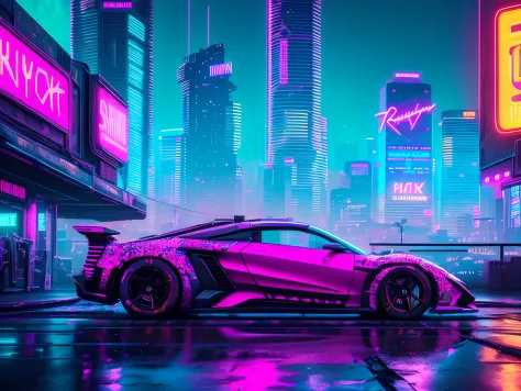swpunk, synthwave, paint splatters, (extremely detailed 8k wallpaper), a medium shot photo of a futuristic concept car parked in an elaborate cyberpunk city, ray tracing, detailed reflections, Intricate, High Detail, dramatic, best quality masterpiece, pho...