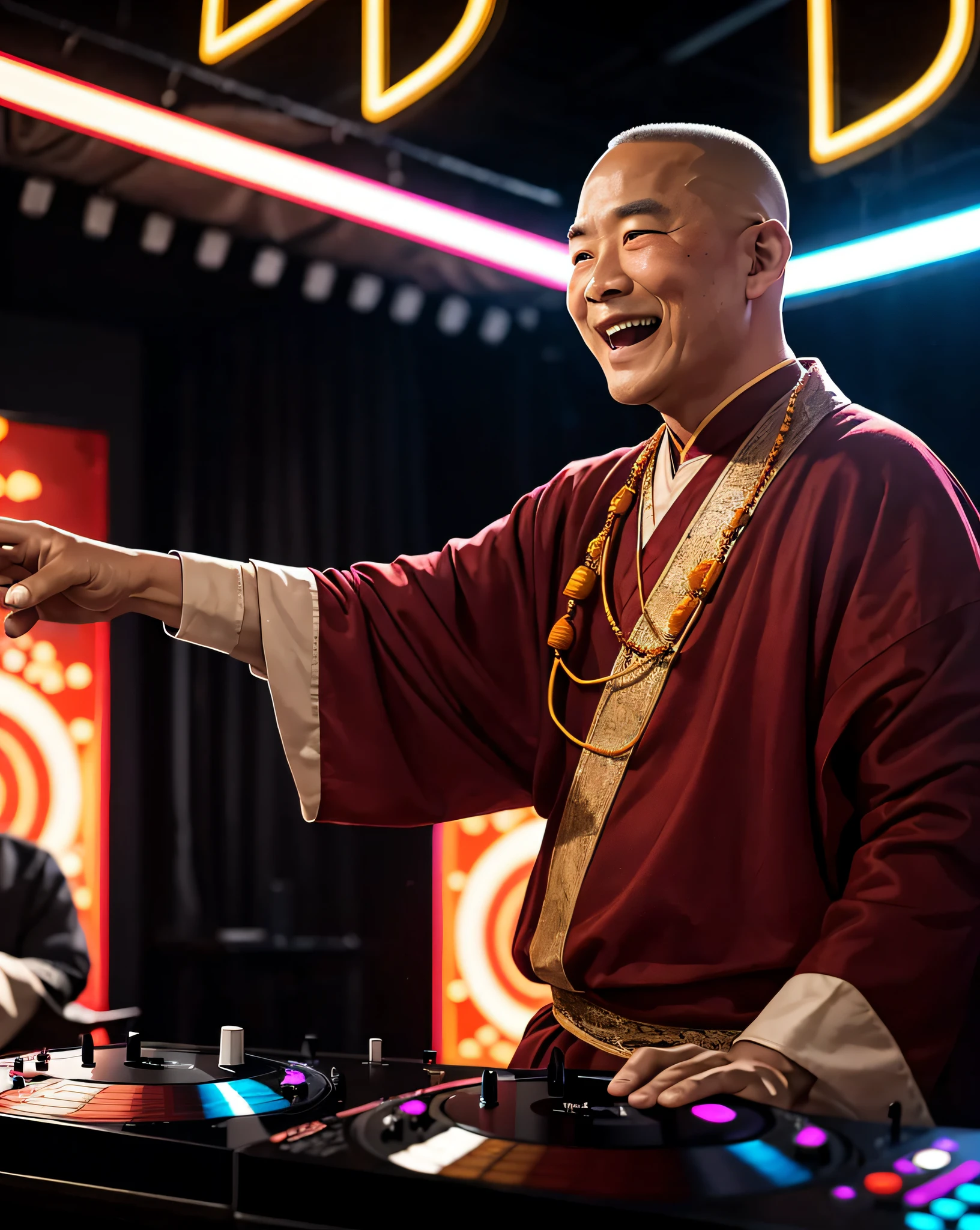 Ilustración de un anciano monje gordo tibetano tocando un DJ.
El monje tiene piel cabeza y cuerpo gordo, anciano, 
Una escena en la que un monje con una túnica de monje negro con la cabeza afeitada está operando un reproductor de DJ frente a la cabina de DJ. edad de 55 años, 
En el fondo, Las luces de neón de un club nocturno brillan.
El monje tiene una sonrisa en su rostro, y parece estar disfrutando como DJ.
La gente a mi alrededor está bailando al ritmo del DJ del monje.