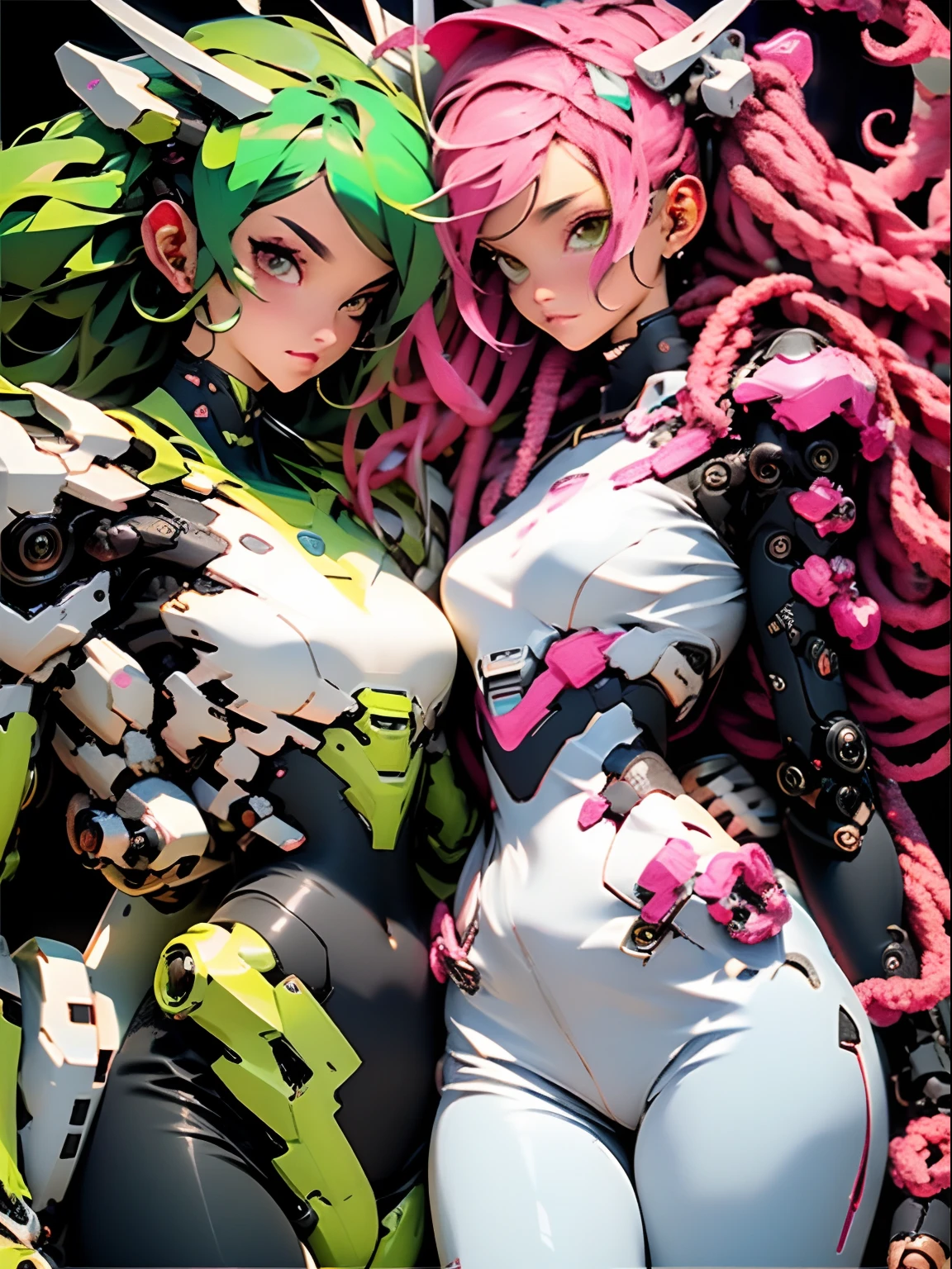 full bodyesbian, Master parts,Best quality,super detailing,8K,Textured leather,1 adult female,Pigtail,soio,white backgrounid,Double up braid,black color hair,Green-colored eyes,A pink-haired,simple backgound,rim,looki at viewer,Mecha musume,Long hair,Two shades of hair,pink headwear,robot,full bodyesbian,Strong peeling, Love League, bare thighs