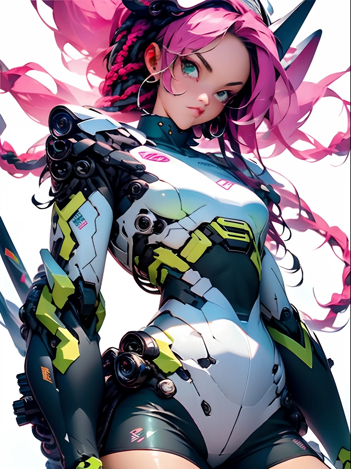 full bodyesbian, Master parts,Best quality,super detailing,8K,Textured leather,1 adult female,Pigtail,soio,white backgrounid,Double up braid,black color hair,Green-colored eyes,A pink-haired,simple backgound,rim,looki at viewer,Mecha musume,Long hair,Two shades of hair,pink headwear,robot,full bodyesbian,Strong peeling, Love League, bare thighs