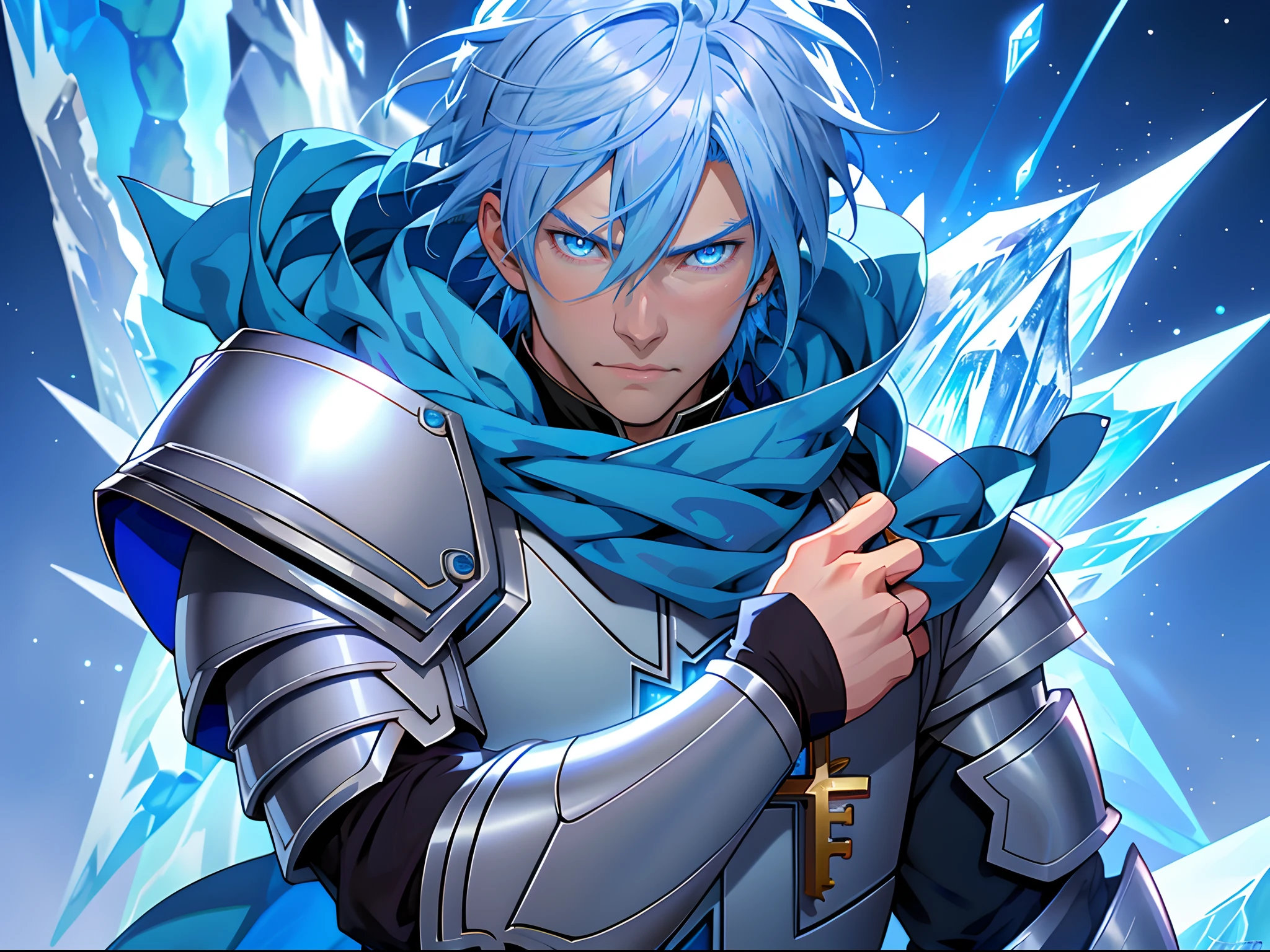 Anime characters with blue hair and blue eyes in snowy scenes, Ice Mage,  Tall anime guy with blue eyes, freezing blue skin, Key anime art, Kazuto Okada。, male anime character, Ice crystal armor, Detailed key anime art, full portrait of magical knight, blue and ice silver color armor, with ice powers