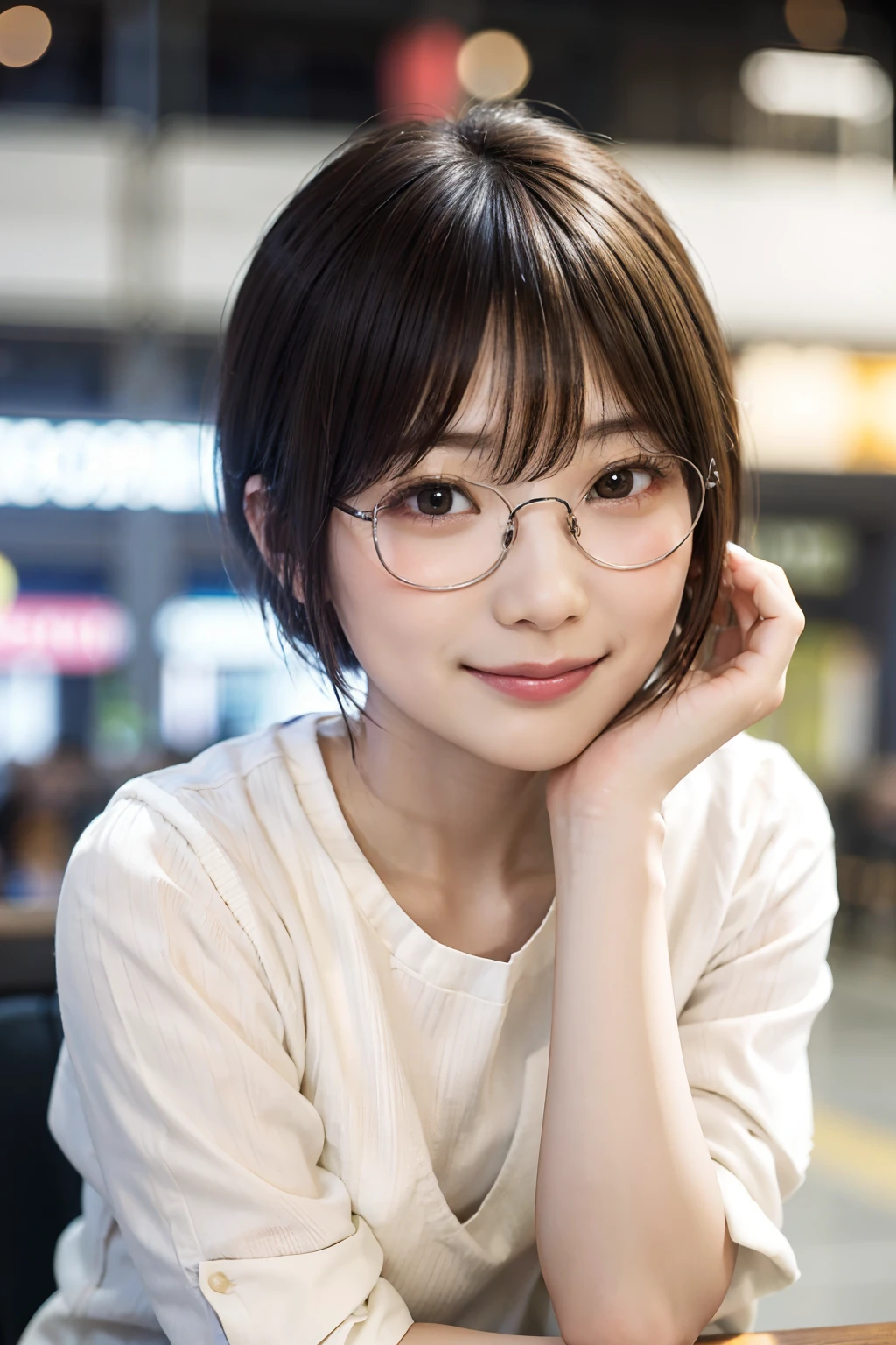 Fille japonaise en tenue décontractée dans un centre commercial, Regarder le spectateur, posing with a sourire (la plus haute qualité, chef-d&#39;œuvre))), haute résolution, très détaillé, chef-d&#39;œuvre, Éclairage cinématographique, (8k, la plus haute qualité, chef-d&#39;œuvre: 1.2), (Réaliste, photoRéaliste: 1.37) Haute résolution, Super détail, 1 fille, Femme à lunettes, Lunettes rondes à monture fine, Lunettes de soleil de couleur claire, asiatique, Mignon, Mignon face, seulement, Cheveux courts 1.2, peau texturée, beautiful sourire, Beau ciel détaillé, café détaillé, nuit, éclairage de cinéma, profondeur de champ, Lumière parasite, Séance, Datation, (rougir), (sourire: 1.15), Petits seins (Bouche fermée), des yeux avec de beaux détails, (Cheveux courts: 1.2), cheveux flottants style grenouille nova,