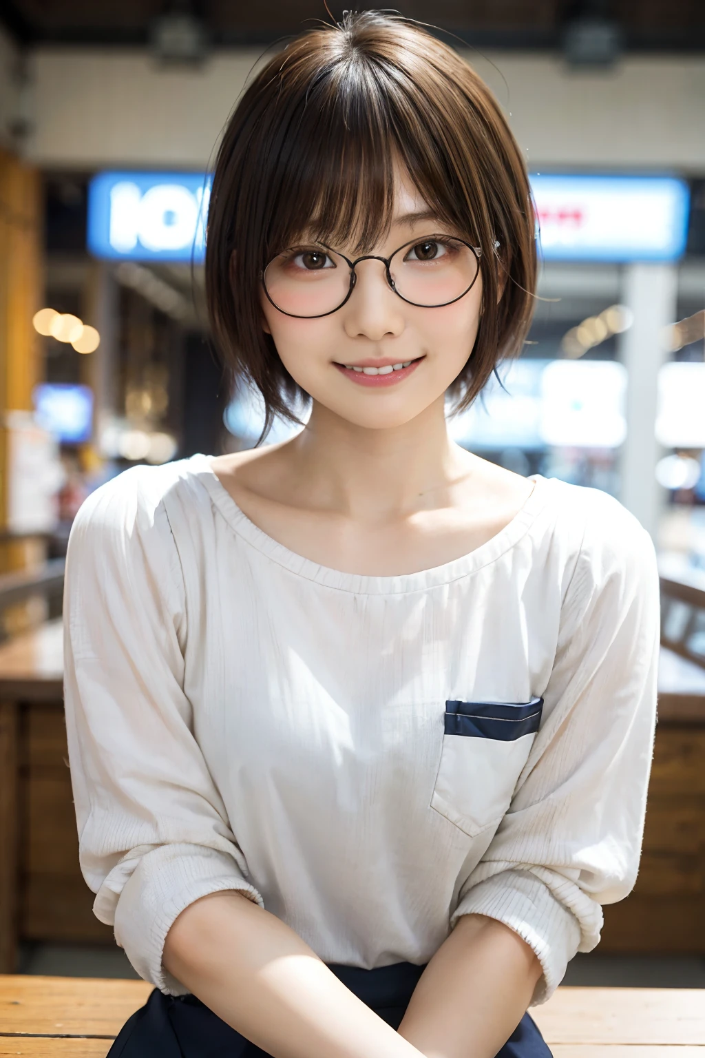 Japan girl in casual clothes in a shopping mall, looking at the viewer, posing with a smile (highest quality, masterpiece))), high resolution, very detailed, masterpiece, cinematic lighting, (8K, highest quality, masterpiece: 1.2), (realistic, photorealistic: 1.37) Hi-Res, Super Detail, 1 Girl, Woman with Glasses, Thin Frame Round Glasses, Light Colored Glasses Frame, asian, cute, cute face, solo, short hair 1.2, textured skin, beautiful smile, beautiful detailed sky, detailed café, night, movie lighting, depth of field, lens flare light, sitting, dating, (blushing), (smile: 1.15), small breasts (mouth closed), eyes with beautiful details, (short hair: 1.2), floating hair Nova Frog style,