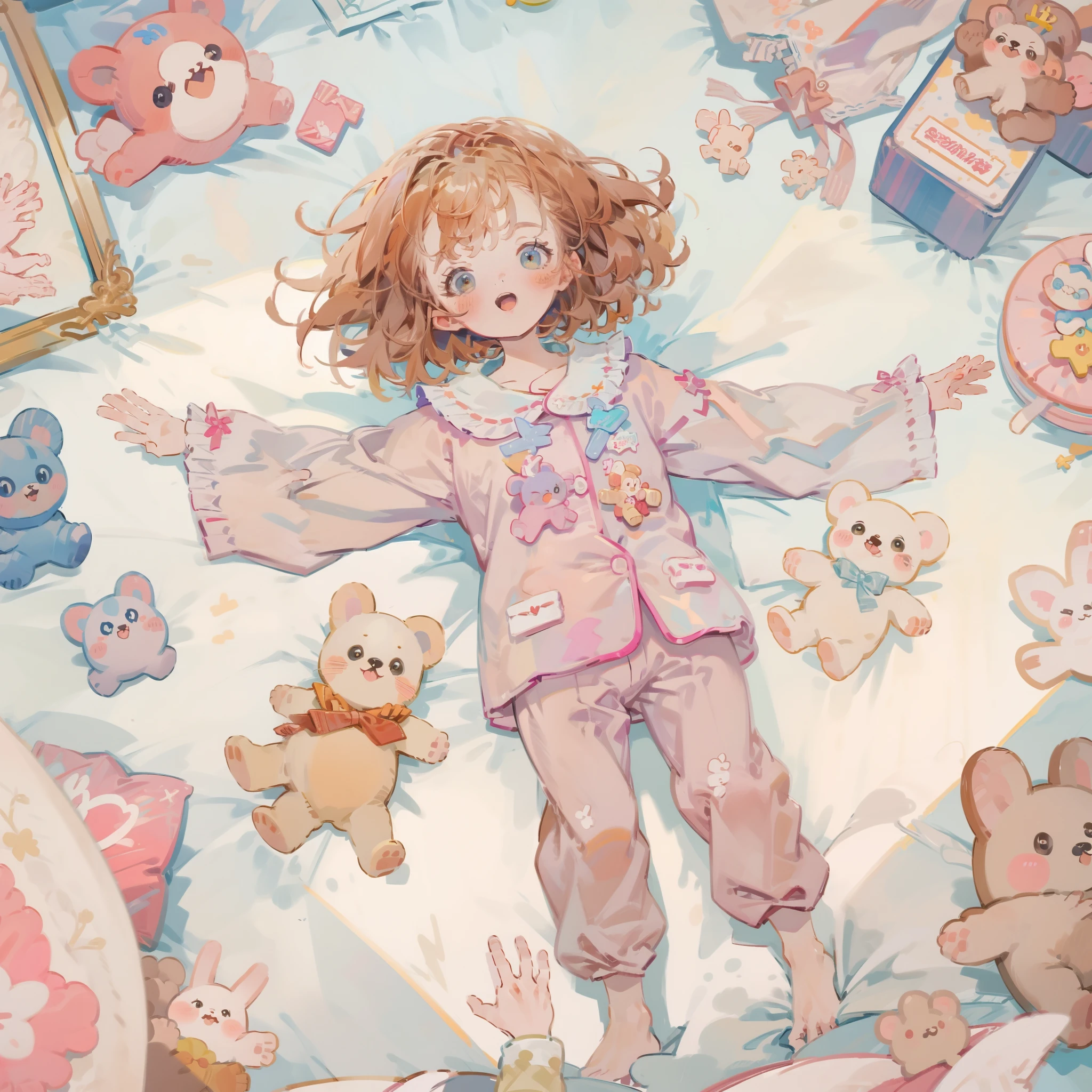 softlighting，softfocus，blurry image，high lighting，Low contrast，The overall feel is like an oil painting,Raise both hands,spreading arms widely,Pink pajamas,brown haired,Medium Hair,Puni Puni cheeks,Mouth open,Bedroom,Warm light,I'm excited,Warm illustrations,From  above,close-up,a closeup,teddy bears,is standing,